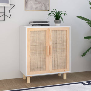 Credenza Bianca 60x30x70 cm Legno Massello Pino Rattan Naturale 345630