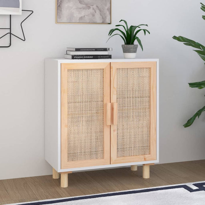 Credenza Bianca 60x30x70 cm Legno Massello Pino Rattan Naturale 345630