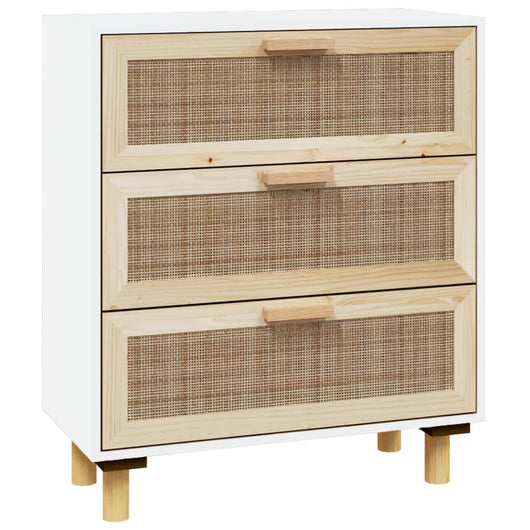 Credenza Bianca 60x30x70 cm Legno Massello Pino Rattan Naturale 345633