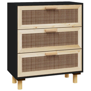 Credenza Nera 60x30x70 cm Legno Massello Pino e Rattan Naturale 345634