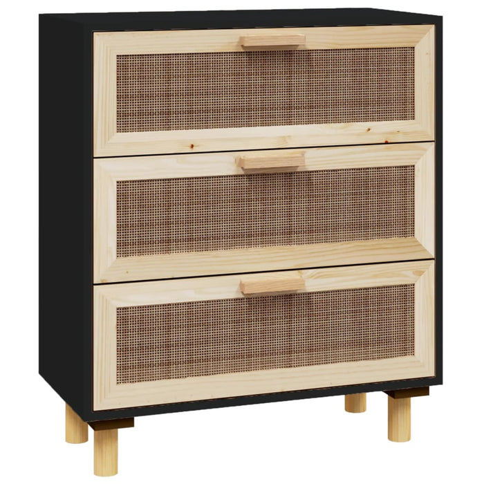 Credenza Nera 60x30x70 cm Legno Massello Pino e Rattan Naturale 345634