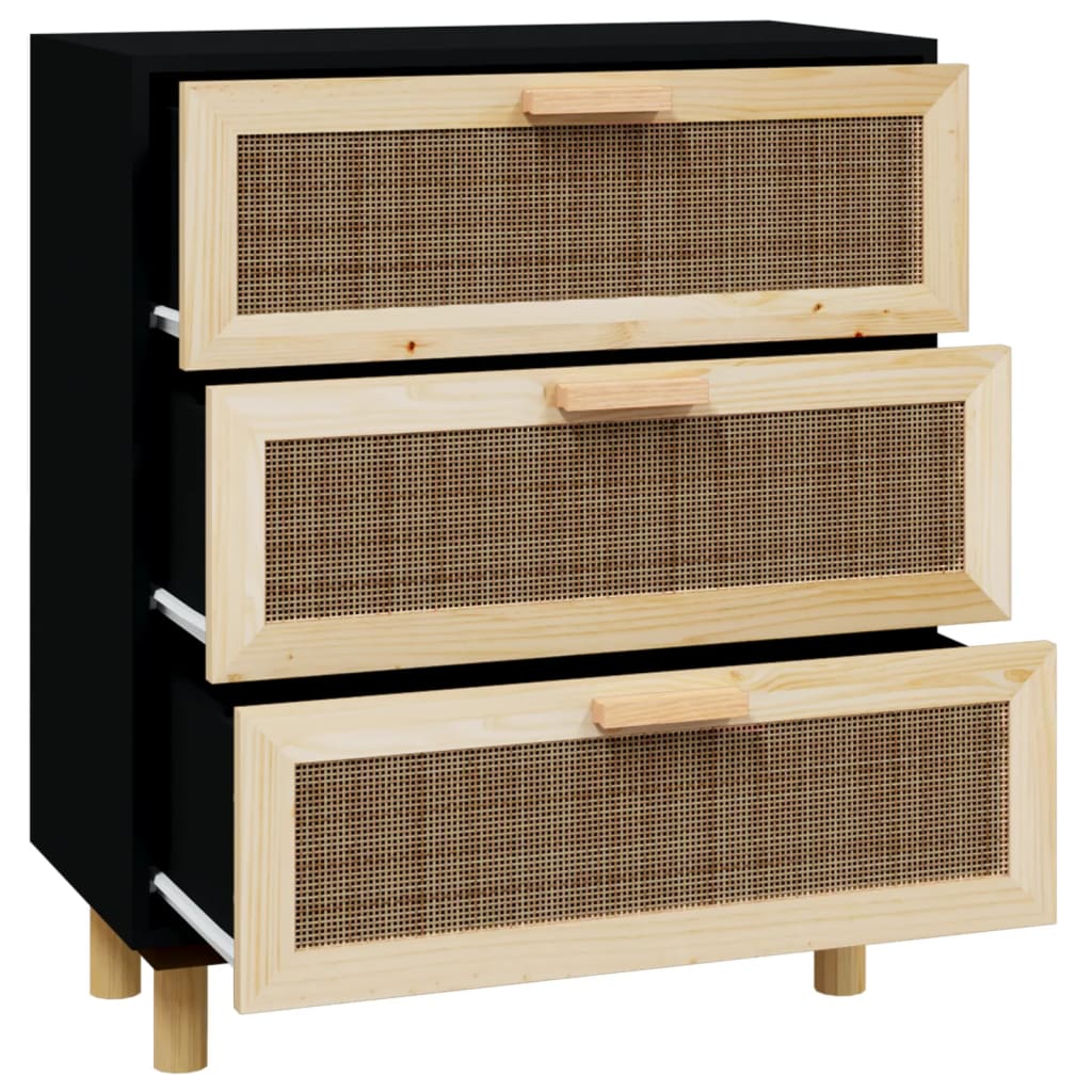 Credenza Nera 60x30x70 cm Legno Massello Pino e Rattan Naturale 345634
