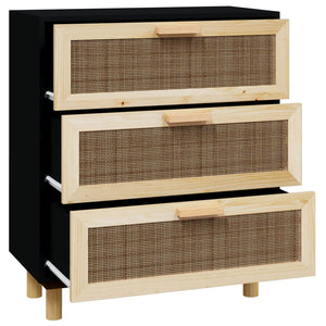 Credenza Nera 60x30x70 cm Legno Massello Pino e Rattan Naturale 345634