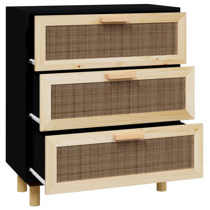 Credenza Nera 60x30x70 cm Legno Massello Pino e Rattan Naturale 345634