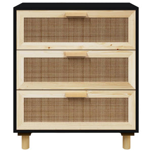 Credenza Nera 60x30x70 cm Legno Massello Pino e Rattan Naturale 345634