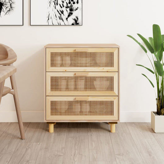 Credenza Marrone 60x30x70cm Legno Massello Pino Rattan Naturale 345635