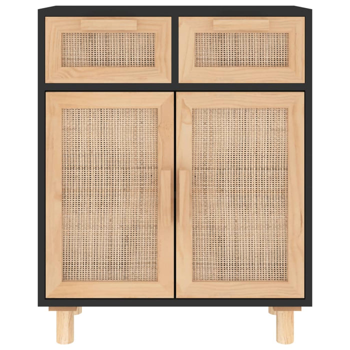 Credenza Nera 60x30x75 cm Legno Massello Pino e Rattan Naturale 345637