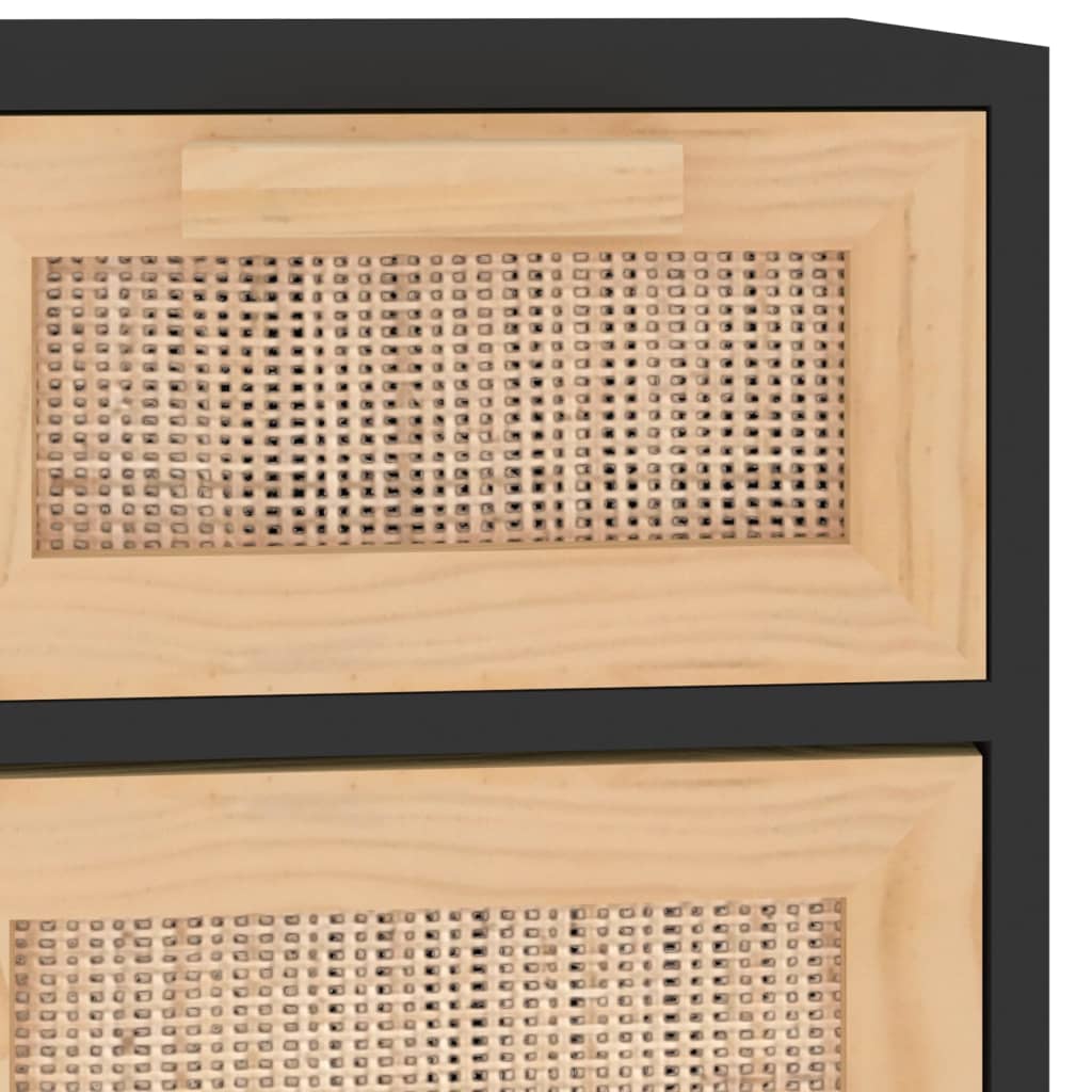 Credenza-Buffet-Armadio da cucina Nera 60x30x75 cm Legno Massello Pino e Rattan Naturale