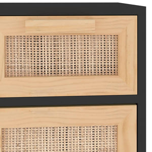 Credenza-Buffet-Armadio da cucina Nera 60x30x75 cm Legno Massello Pino e Rattan Naturale