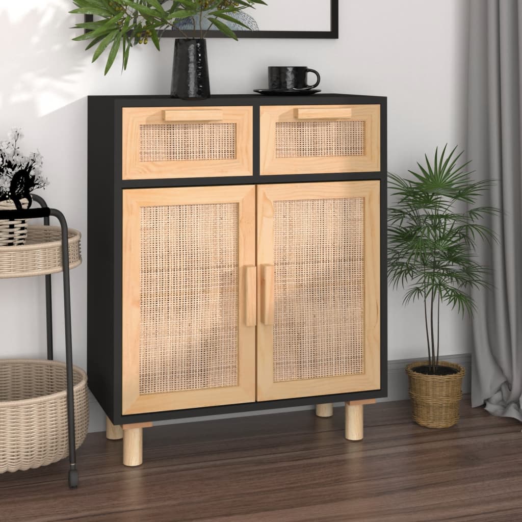 Credenza-Buffet-Armadio da cucina Nera 60x30x75 cm Legno Massello Pino e Rattan Naturale