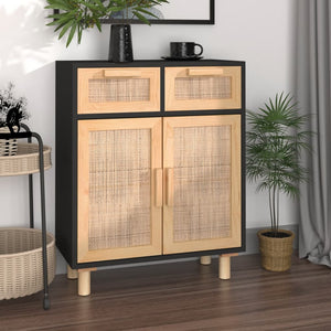 Credenza-Buffet-Armadio da cucina Nera 60x30x75 cm Legno Massello Pino e Rattan Naturale