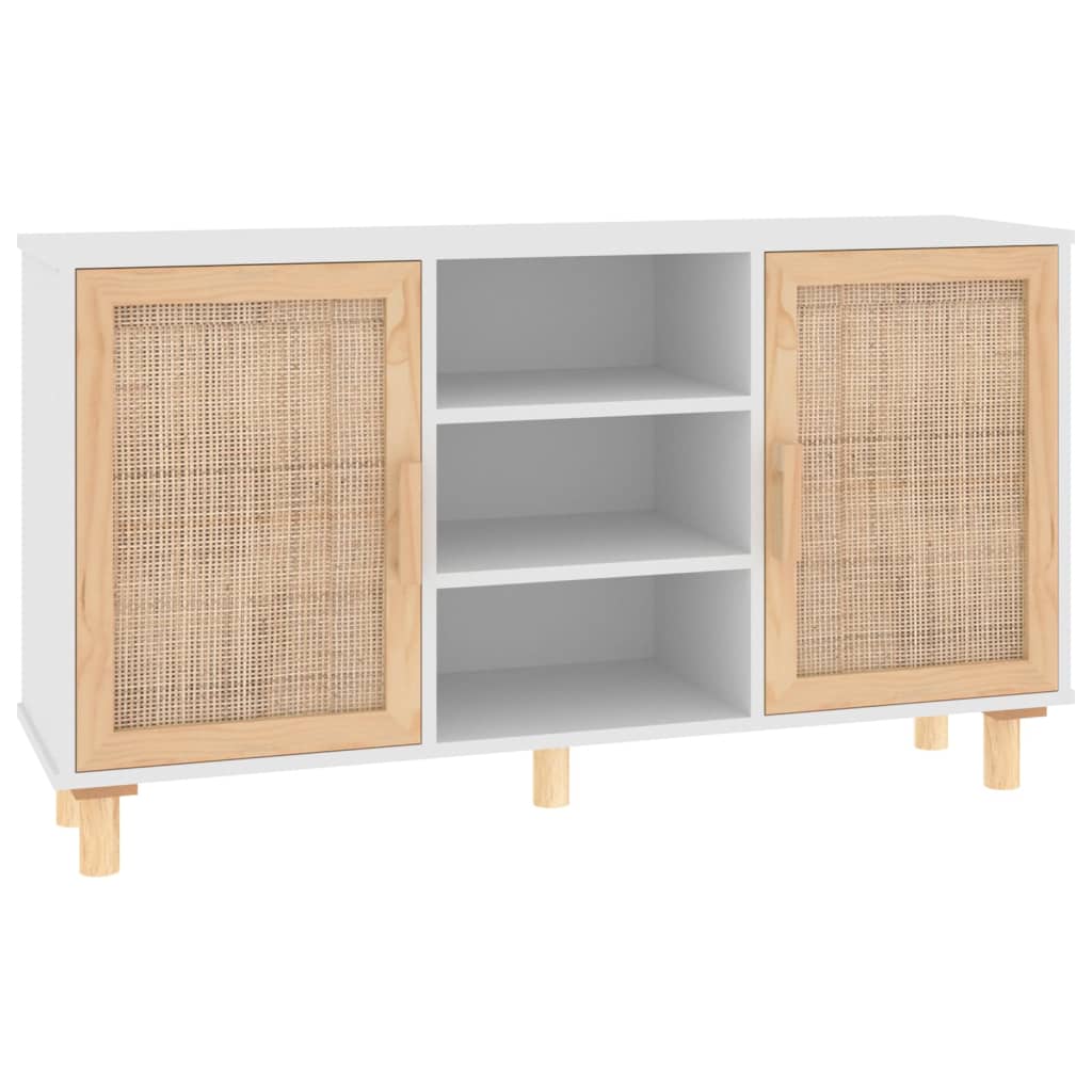 Credenza-Buffet-Armadio da cucina Bianca 105x30x60cm Legno Massello Pino Rattan Naturale