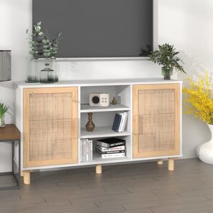 Credenza Bianca 105x30x60cm Legno Massello Pino Rattan Naturale 345639