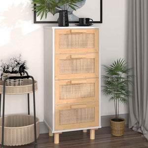 Credenza Bianca 40x30x90cm Legno Massello Pino Rattan Naturale 345642