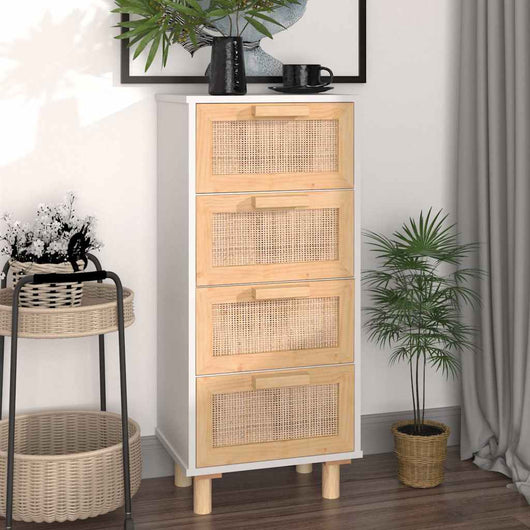 Credenza Bianca 40x30x90cm Legno Massello Pino Rattan Naturale 345642