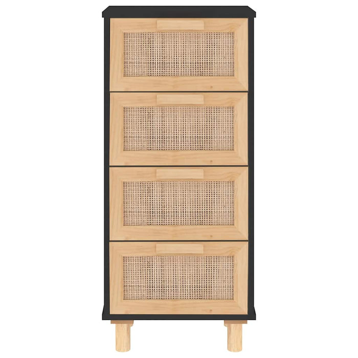 Credenza Nera 40x30x90 cm Legno Massello Pino e Rattan Naturale 345643