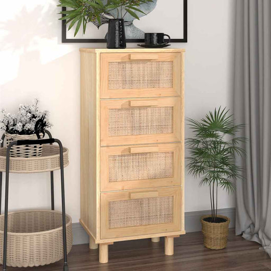 Credenza Marrone 40x30x90cm Legno Massello Pino Rattan Naturale 345644