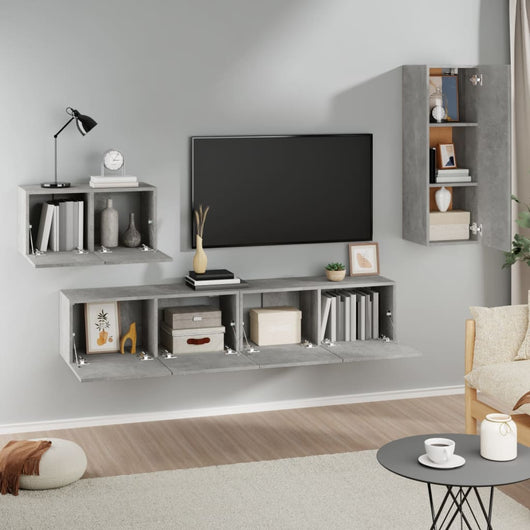 Set di Mobili Porta TV 4 pz-Credenza TV-Console TV Grigio Cemento in Legno Multistrato 114748