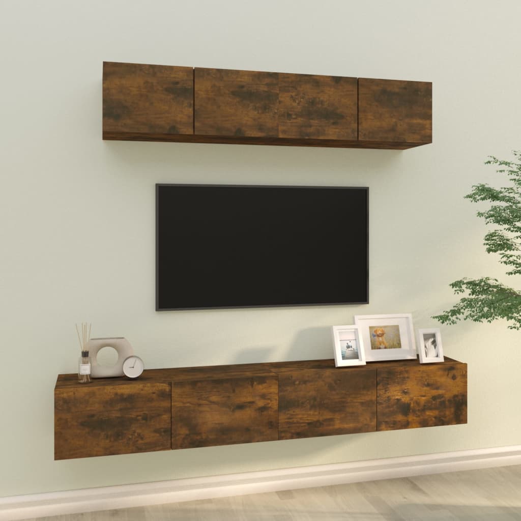 Set di Mobili Porta TV 4 pz Rovere Fumo in Legno Multistrato cod mxl 12156