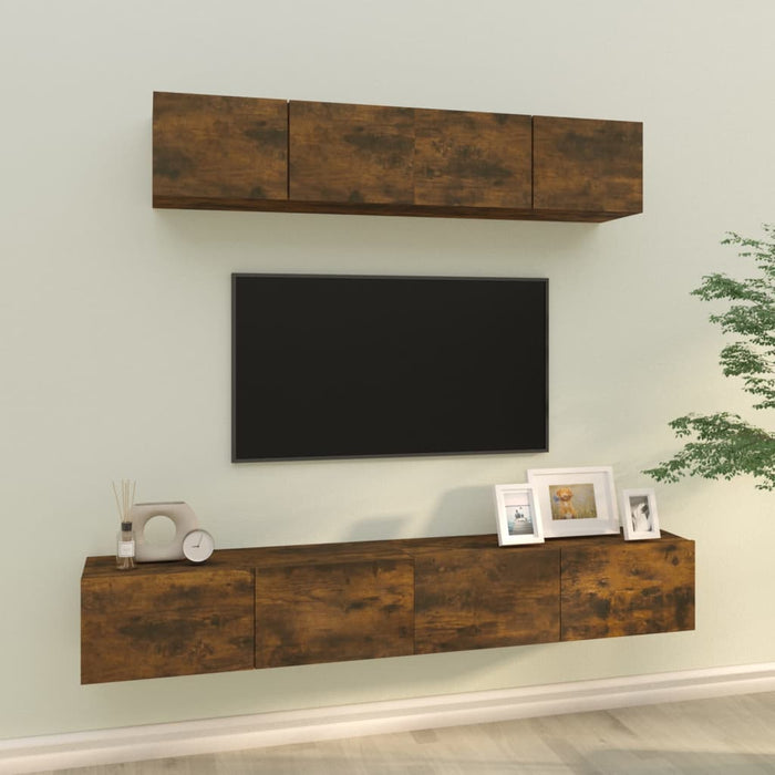 Set di Mobili Porta TV 4 pz Rovere Fumo in Legno Multistrato cod mxl 12156