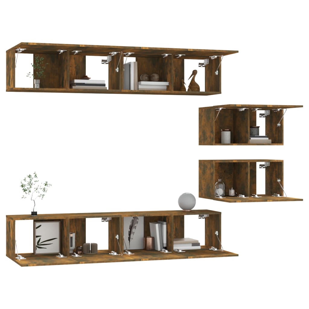 Set di Mobili Porta TV 6 pz Rovere Fumo in Legno Multistrato cod mxl 12130