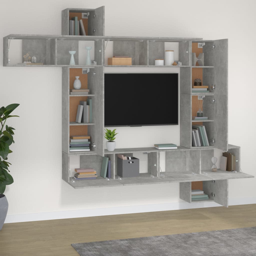 Set di Mobili Porta TV 9 pz-Set di 9 Credenza per TV Grigio Cemento in Legno Multistrato