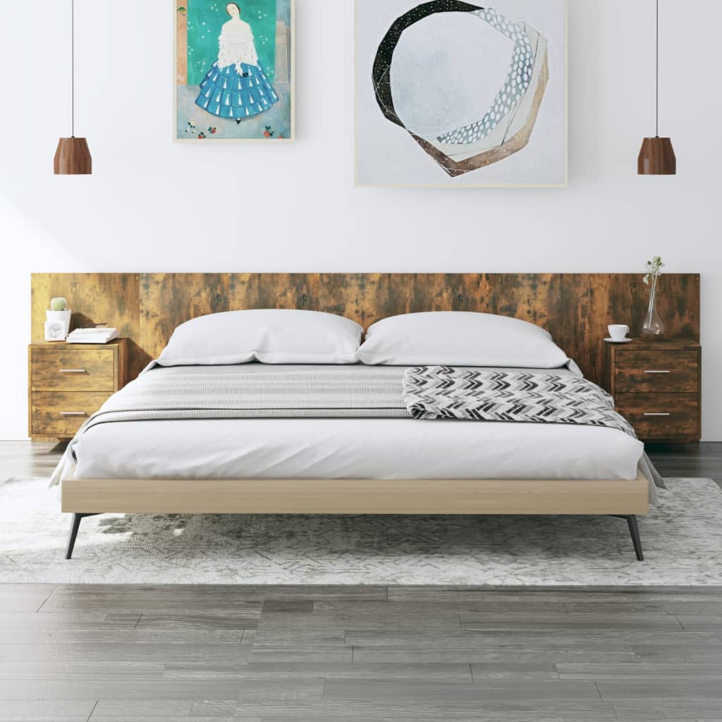Testiera per Letto-Testata-Testiera Decorativa con Armadietti Legno Multistrato Rovere Fumo