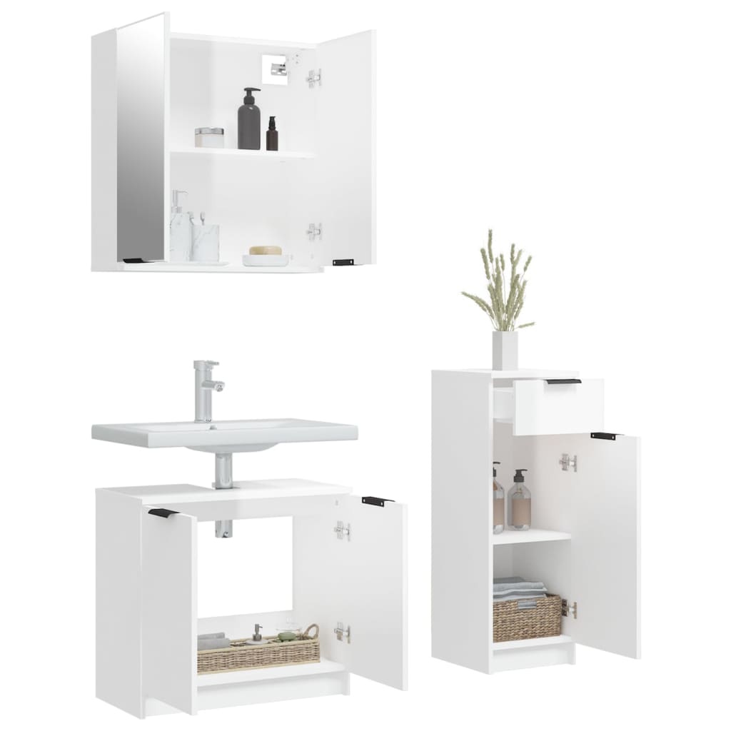 Set di Mobili da Bagno 3 pz Bianco Lucido in Legno Multistrato cod mxl 14467