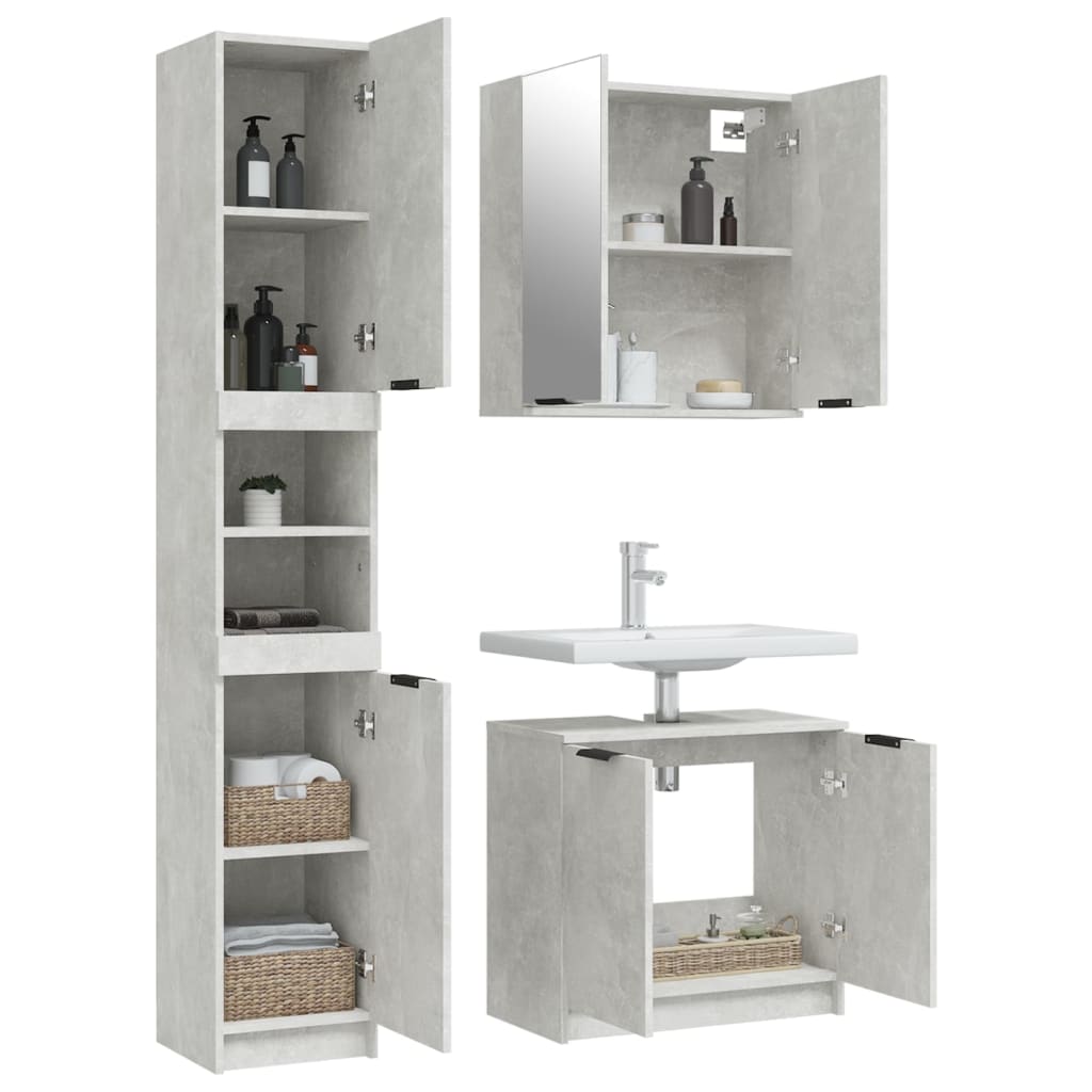 Set di Mobili da Bagno 3 pz Grigio Cemento in Legno Multistrato 3115879