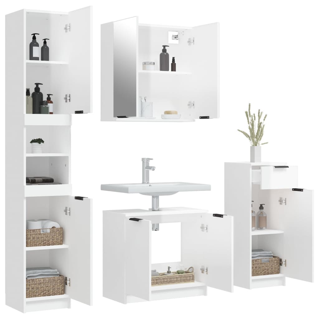 Set Mobili da Bagno 4 pz Bianco Lucido in Legno Multistrato