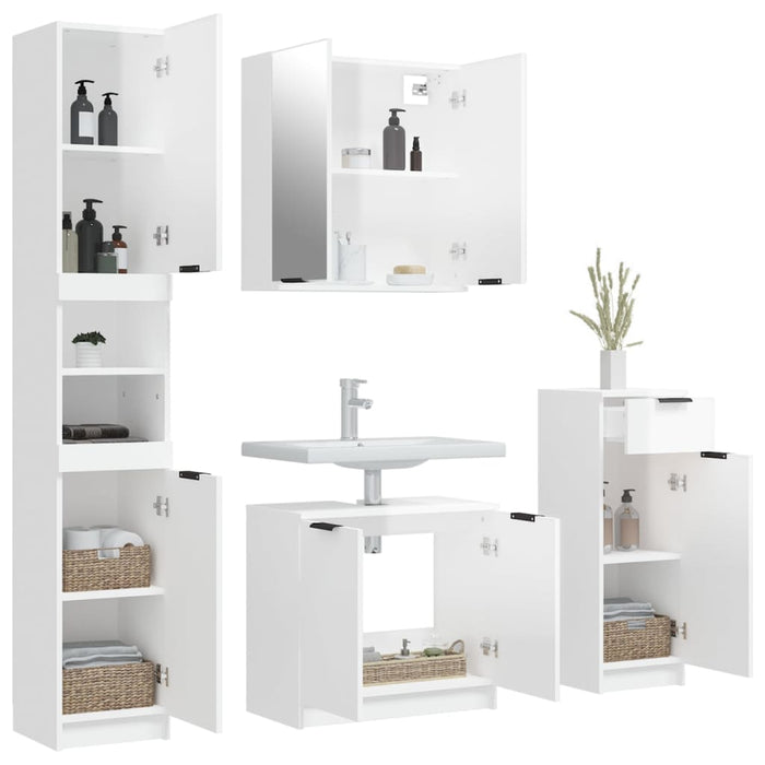 Set Mobili da Bagno 4 pz Bianco Lucido in Legno Multistrato