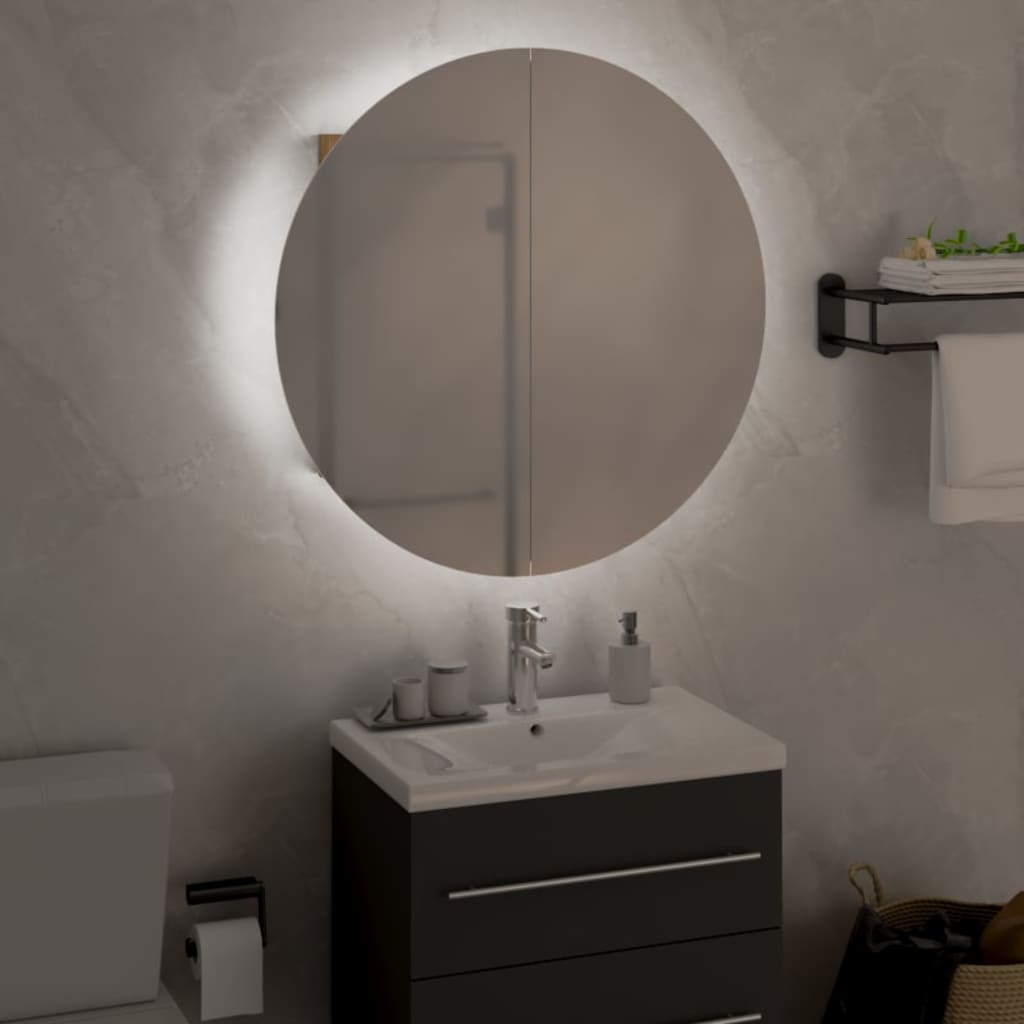 Armadio da Bagno con Specchio Rotondo e LED-Mobile bagno con specchio Rovere 47x47x17,5cm