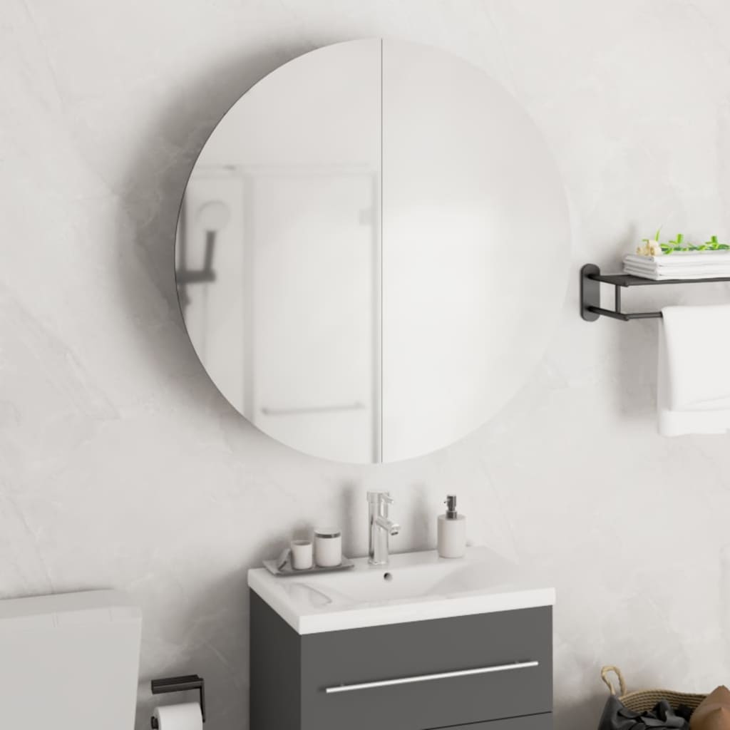 Armadio da Bagno con Specchio Rotondo e LED Rovere 54x54x17,5cm 345590