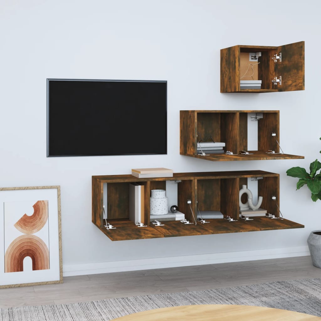 Set di Mobili Porta TV 4 pz Rovere Fumo in Legno Multistrato cod mxl 17127
