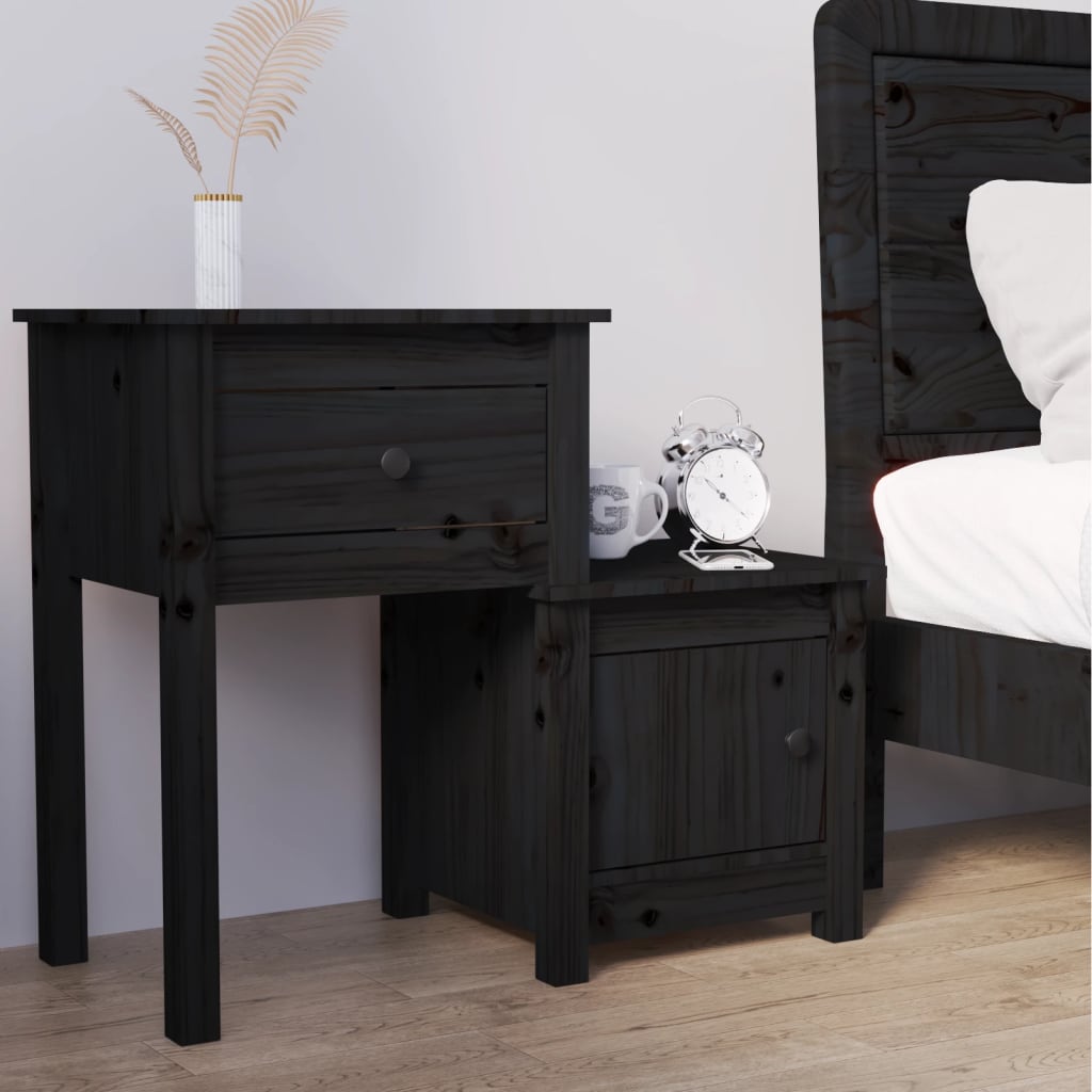 Comodino Nero 79,5x38x65,5 cm in Legno Massello di Pino 814547