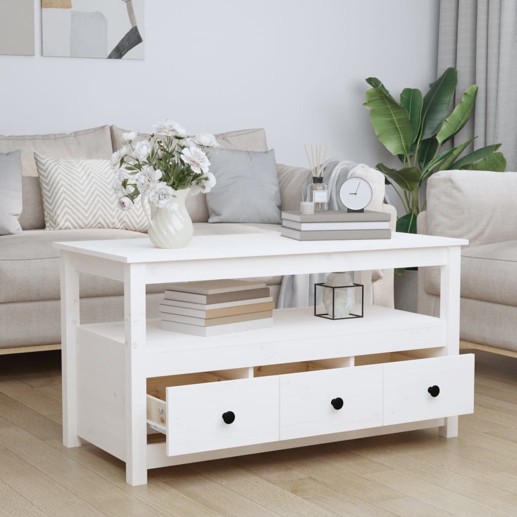 Tavolino da Salotto Bianco 102x49x55 cm Legno Massello di Pino 820932