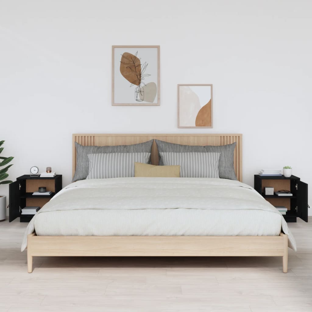Comodini Nero 2 pz 40x34x45 cm in Legno Massello di Pino 818284