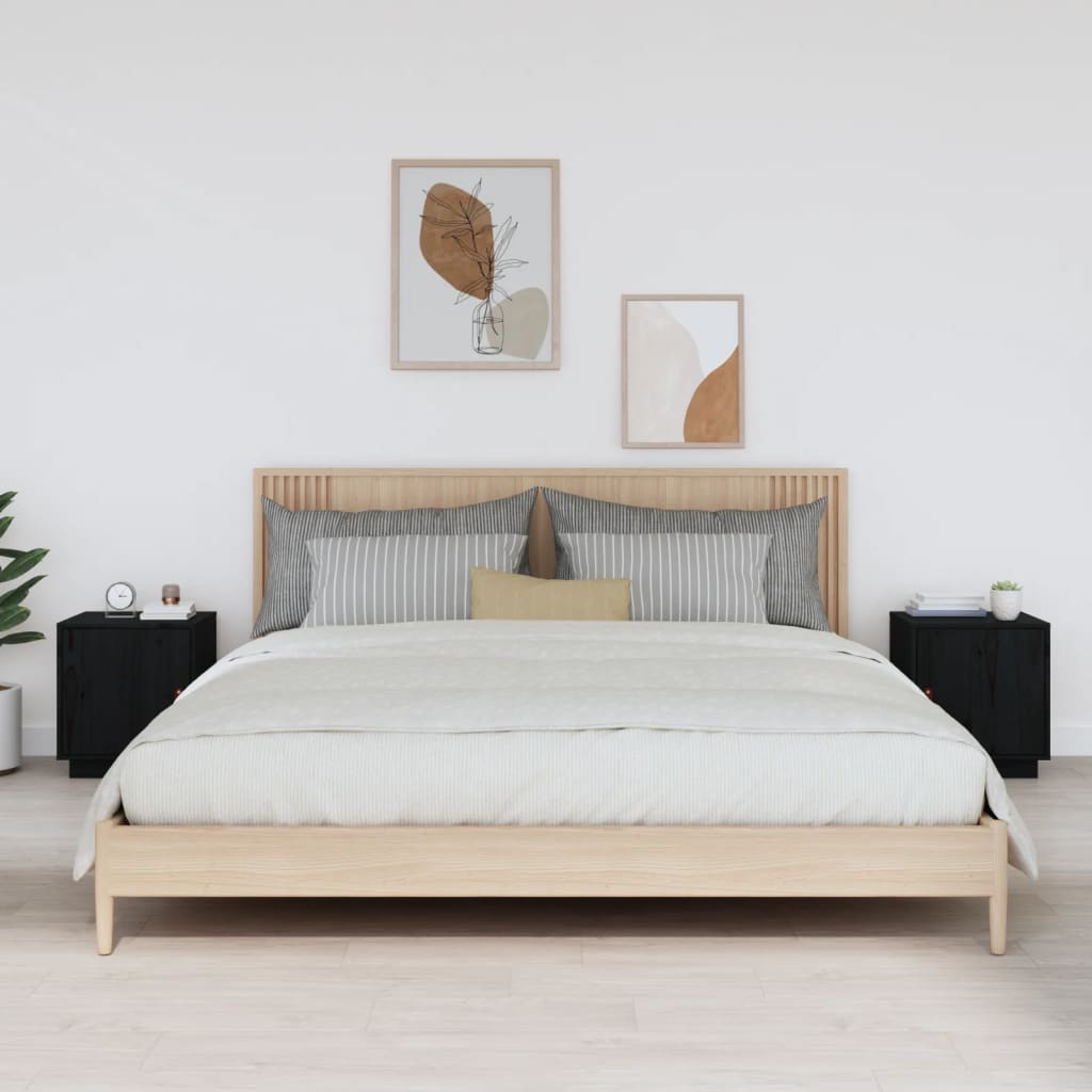 Comodini Nero 2 pz 40x34x45 cm in Legno Massello di Pino 818284