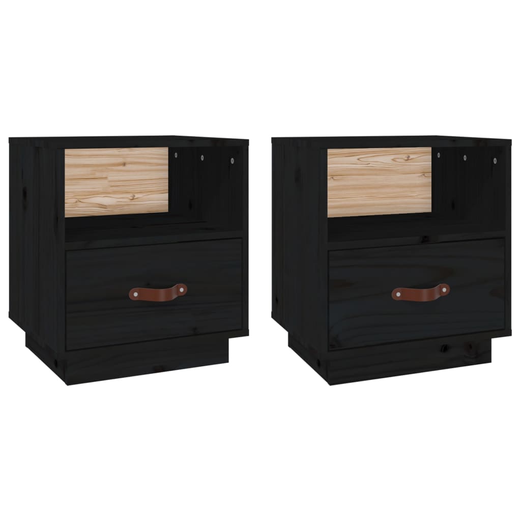 Comodini Nero 2 pz 40x34x45 cm in Legno Massello di Pino 818304