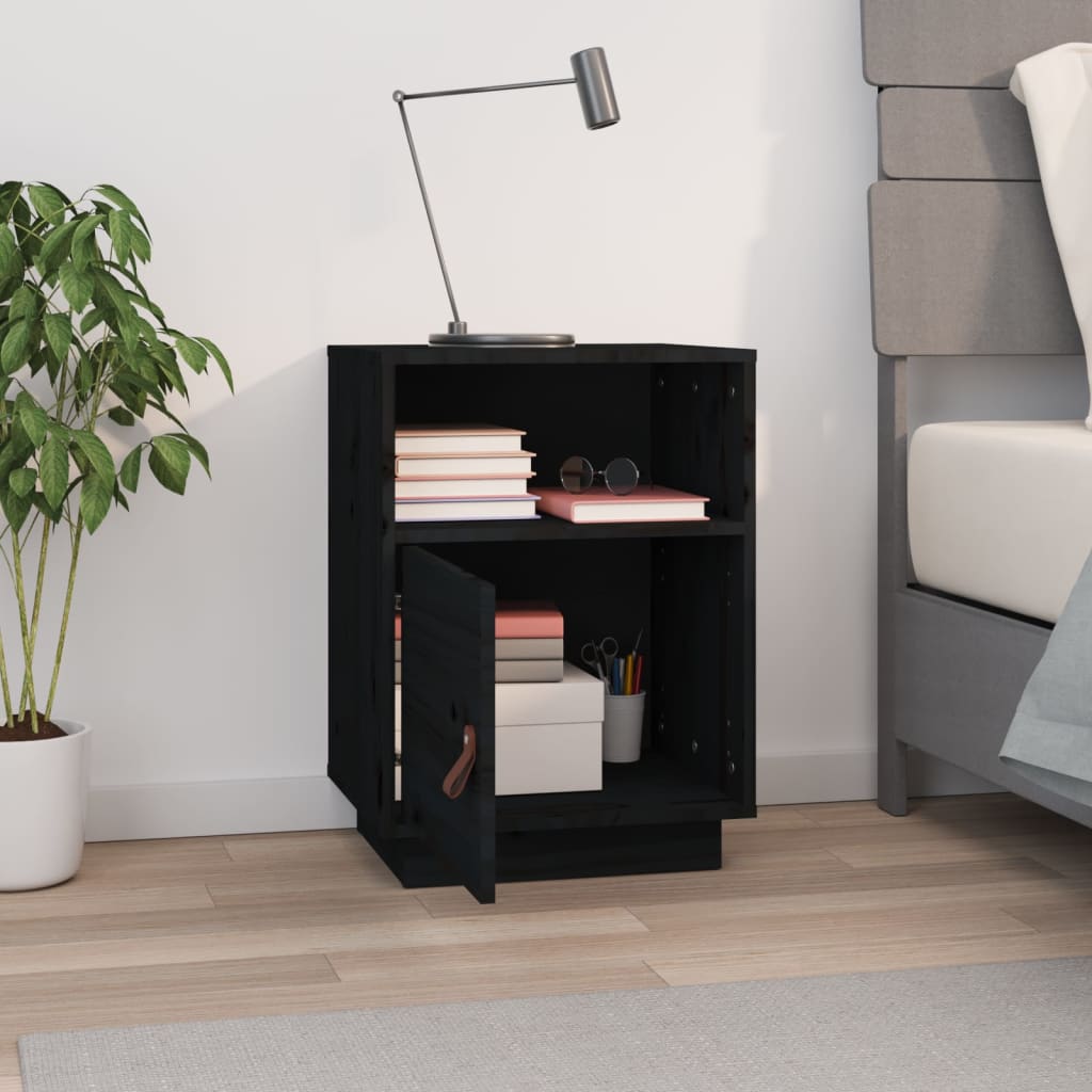Comodino Nero 40x34x55 cm in Legno Massello di Pino 818323