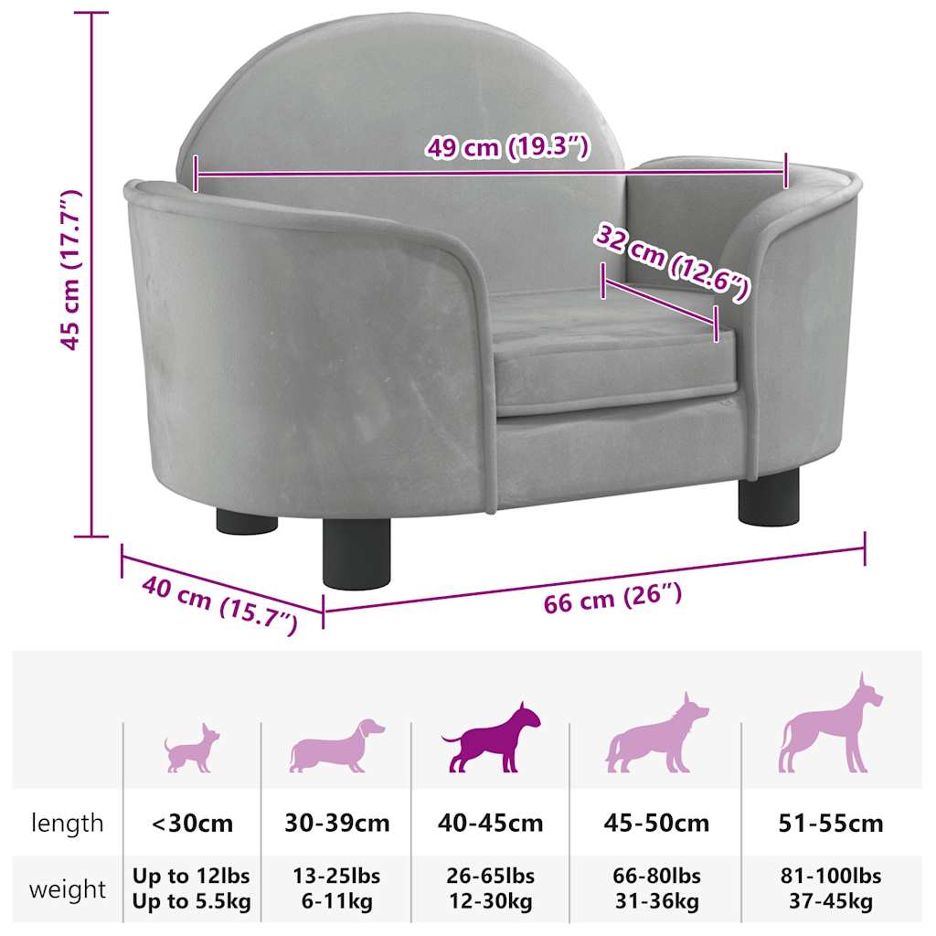 Lettino per Cani Grigio Chiaro 66x40x45 cm in Velluto 171839