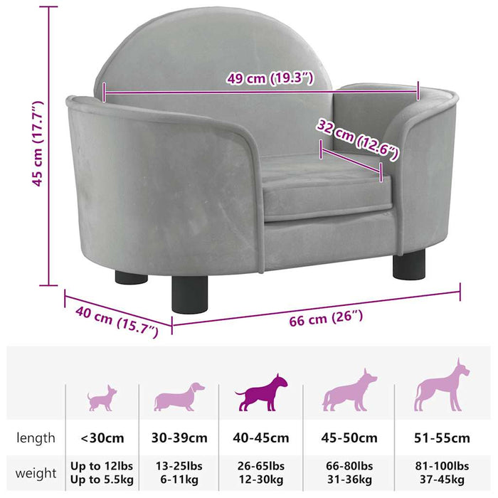 Lettino per Cani Grigio Chiaro 66x40x45 cm in Velluto 171839