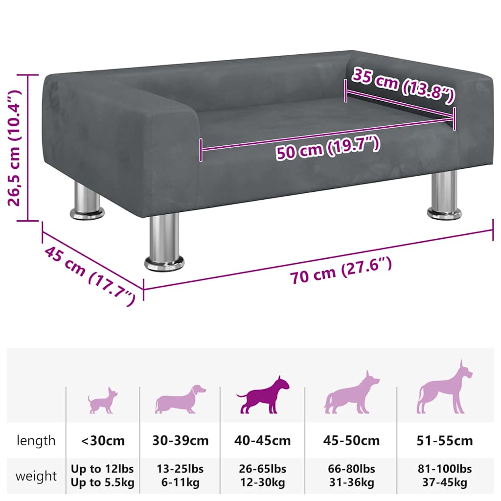 Lettino per Cani Grigio Scuro 70x45x26,5 cm in Velluto