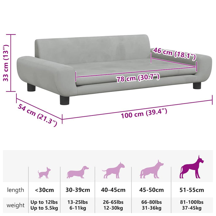 Lettino per Cani Grigio Chiaro 100x54x33 cm in Velluto 171982
