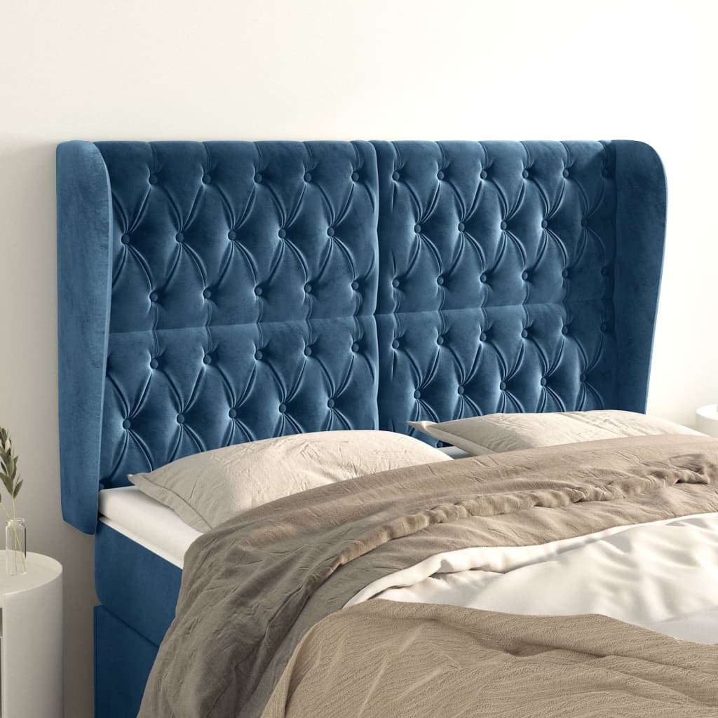 Testiera ad Orecchio-Testata con Orecchie Blu Scuro 147x23x118/128cm in Velluto 375504