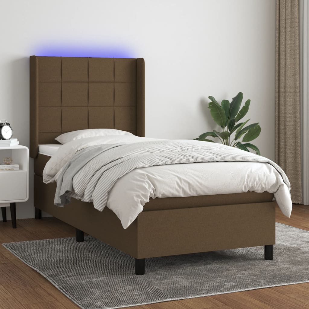 Letto a Molle Materasso e LED Marrone Scuro 90x190cm in Tessuto cod mxl 34616