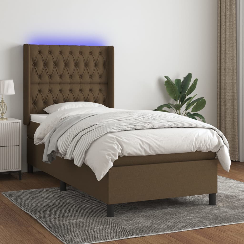 Letto a Molle Materasso e LED Marrone Scuro 90x190cm in Tessuto cod mxl 35504