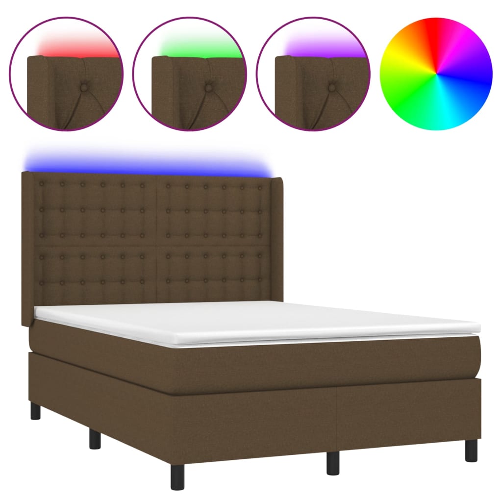 Letto a Molle Materasso e LED Marrone Scuro 140x200 cm Tessuto 3138640