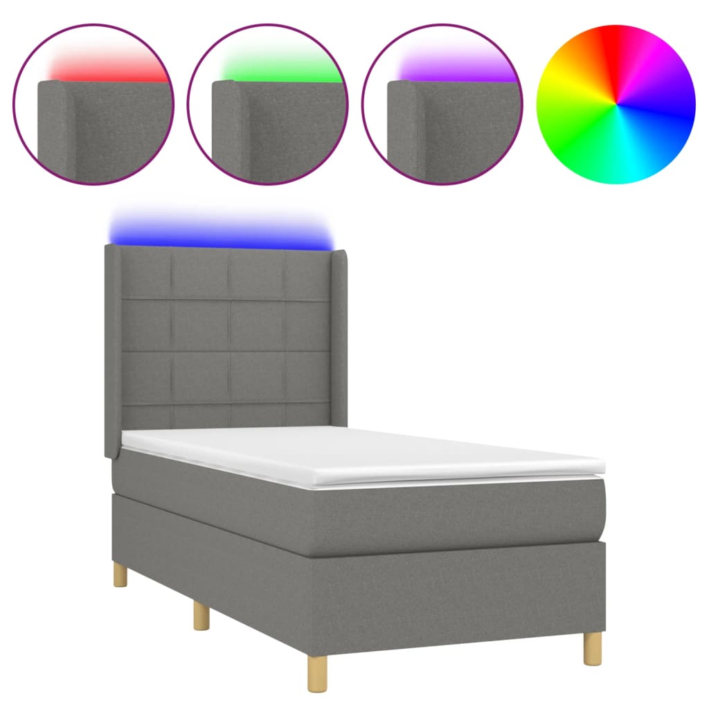 Letto a Molle Materasso e LED Grigio Scuro 100x200cm in Tessuto 3138854