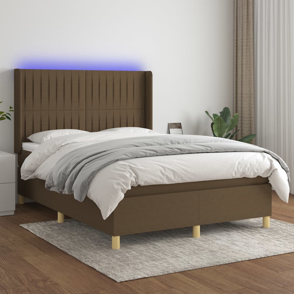 Letto a Molle Materasso e LED Marrone Scuro 140x200 cm Tessuto 3139040